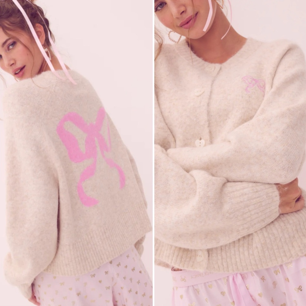 PINK X LoveShackFancy Bow Boxy Crew Cardigan Sweater VS Natural Heather